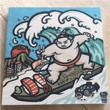 Load image into Gallery viewer, sumofishdesign 'Sushi Surfer' Wood Print product_description Wood Print.