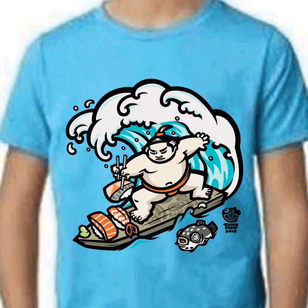 sushi sumo wrestler surfing tshirt